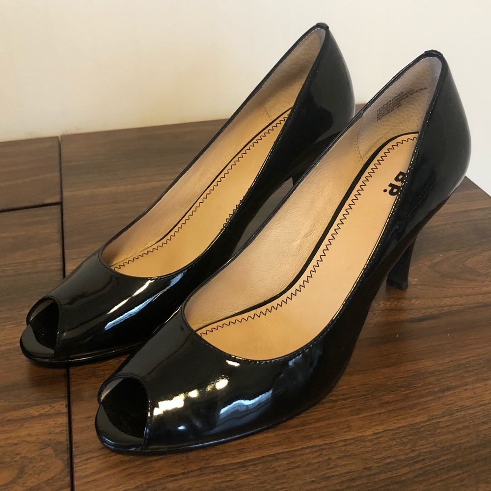 bp Black Patent Leather Peep Toe Heels